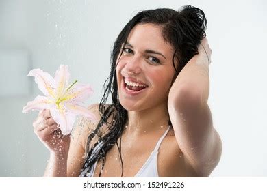 Woman Washing Herself While Showering Happy Stock Photo Edit Now