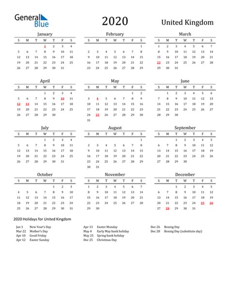 2020 United Kingdom Calendar With Holidays