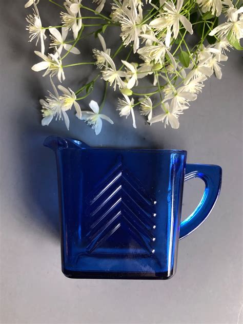 Colbalt Blue Glass Creamer Hazel Atlas Art Deco Chevron Etsy