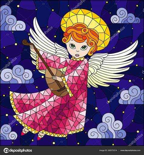 Illustration In Stained Glass Style With Cartoon Red Haired Angel In A