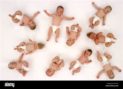Group Of Ten Babies In Diapers On White Stock Photo Alamy