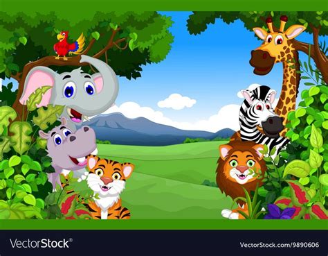Vector Illustration Of Funny Animal Cartoon With Forest Background