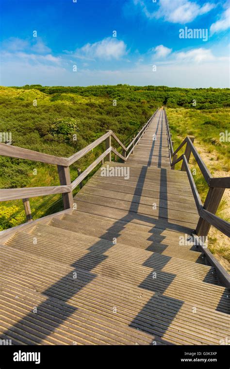 Wooden Staircase Going Into Blue Sky Among Dunes And High Grass De