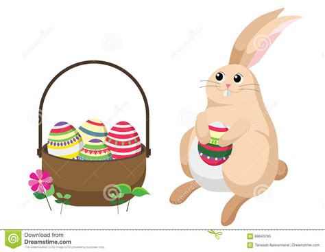 Easter Bunny Rabbit With Easter Basket Full Of Decorated Easter Eggs