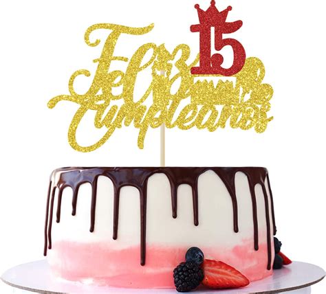 Gold Glitter Feliz Cumpleaños 15 Cake Topper Happy 15th