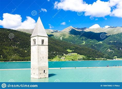 Tower Of Sunken Church In Resia Lake South Tyrol Italy Royalty Free