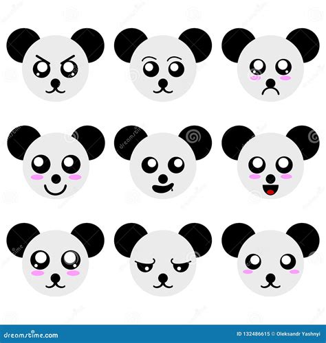 Collection Of Cartoon Panda Faces Isolated On White Background