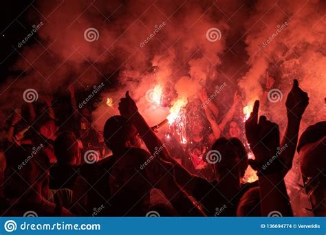 Music Fans Burn Fire Torch On Wild Rock Concert Editorial Stock Image
