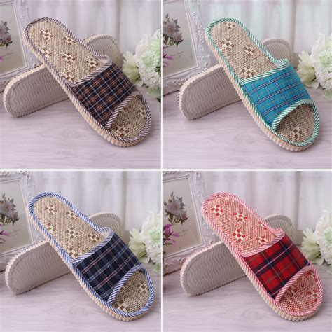 Thinkthendo Summer Spring Linen Flax Plaid House Flat Slipper Indoor Home Cozy Open Toe Scuffs