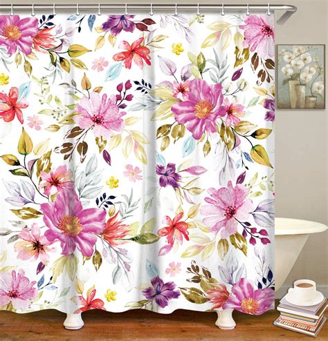 Livilan Watercolor Purple Flower Shower Curtain Set With 12 Hooks