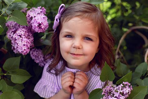 Three Year Old Girl Stands In Lilac Bushes In A Dress And A Bow