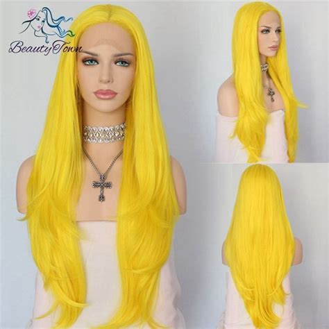 Synthetic Lace Front Wig Yellow Color Long Wavy Hand Tied Halloween T Wig Unbranded