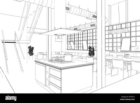 Interior Design Modern Loft Kitchen Custom Drawing Stock Photo Alamy