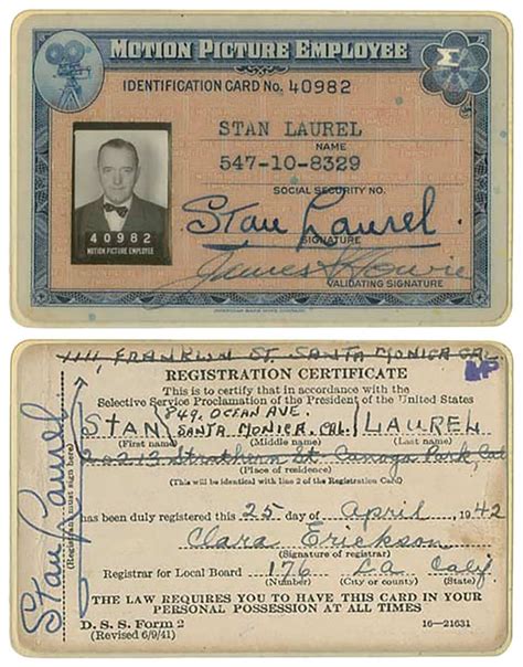 Stan Laurel S Wartime Motion Picture Employee Identification Card And Selective Service