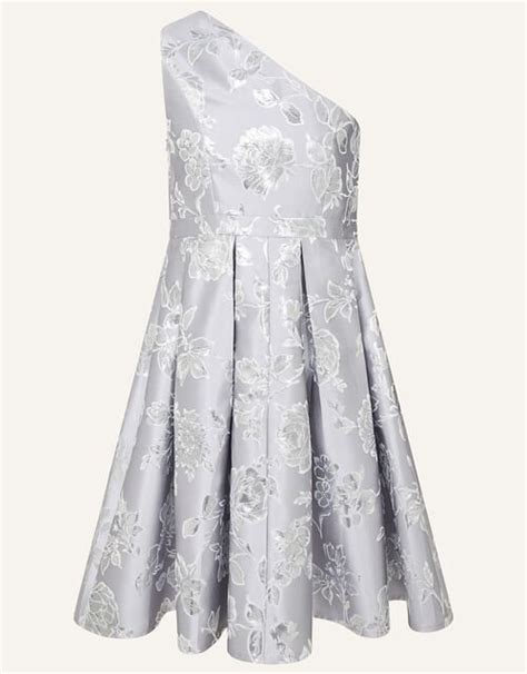 One Shoulder Floral Jacquard Prom Dress Silver Girls Dresses