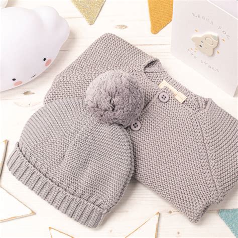 Luxury Storm Blue Bobble Hat And Cardigan Baby T Set By Toffee Moon