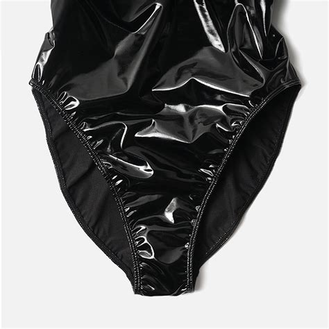 leohex 2021 sexy leotards pu black glossy body suit high cut one piece swimwear women bodysuit