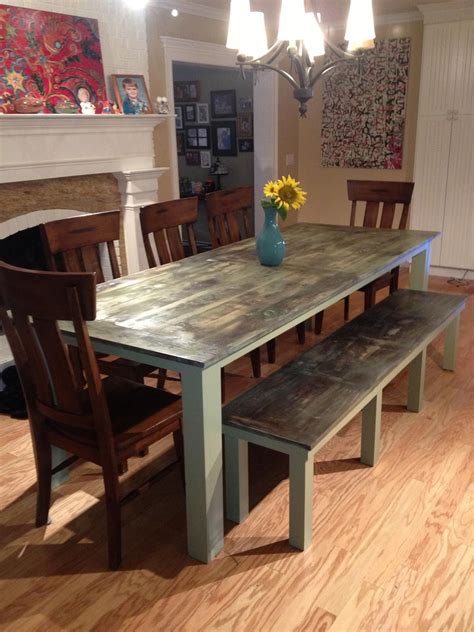 A table is a versatile feel free to let your table shine and stand out if you are to place it in the living room, dining room, or kitchen. Dining room table plus bench, green + weathered. We used a ...