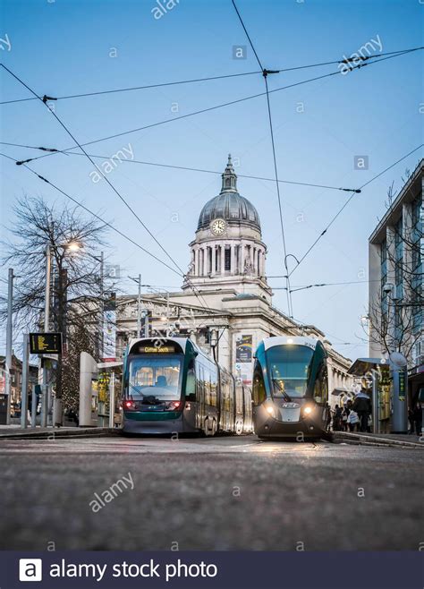 Nottingham Uk City Centre Shoppers Trams Council House Illuminated With