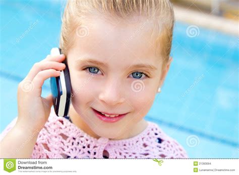 Blond Child Little Girl Talking Mobile Phone Stock Photo Image Of