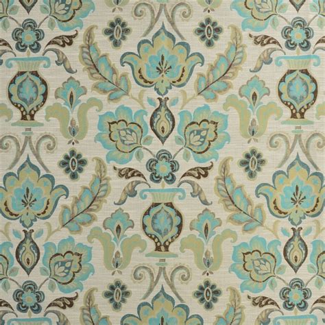 Turquoise Blue Floral Damask Upholstery Fabric Contemporary