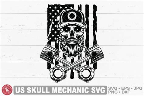 Patriotic Bearded Skull Mechanic With Crossed Pistons Svg