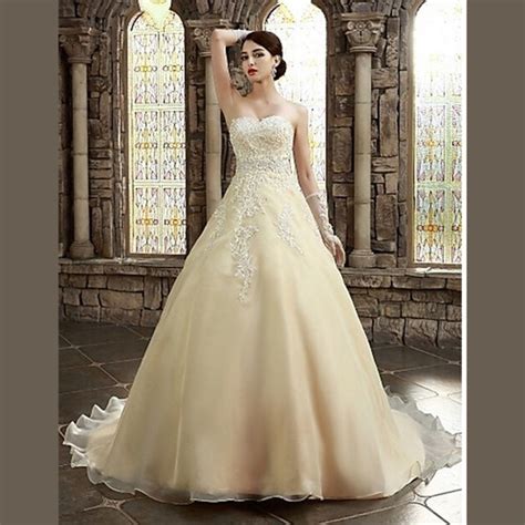 Fashionable Beige Lace Wedding Dresses 2015 Sweetheart Organza A Line