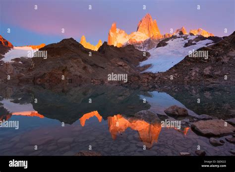 Sunrise On Fitz Roy Massif And Its Reflection In Lago De Los Tres In
