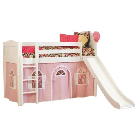 So whether you're building a loft bed for your kid, or for a dorm room or apartment, you won't have to break the bank. Bolton Furniture Cottage White Twin Low Loft Bed with Pink and White Bottom Curtain and Slide in ...