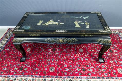 Vintage Chinese Black Lacquer Folding Wood And Mother Of Pearl Coffee
