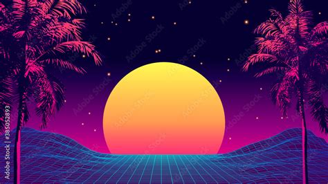 retro 80s style tropical sunset with palm tree silhouette and gradient sky background classic