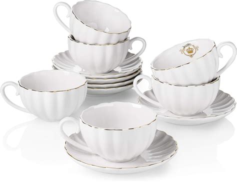 Fine Bone China 6pcs Set Tea Cups Saucers New Designs White Gold