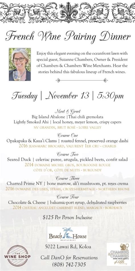Announcing French Wine Pairing Dinner At The Beach House Wine Shop Kauai