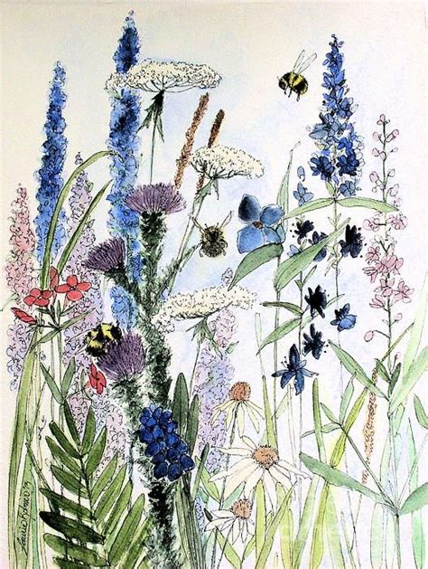 Print Of Watercolor Nature Art Painting Botanical Garden Wildflowers