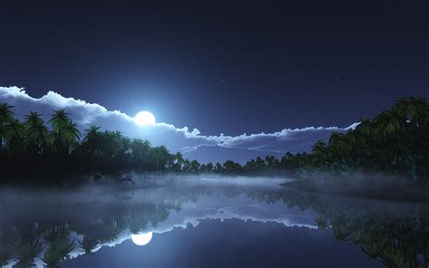Hd Wallpaper Calm Water Under White Clouds And Full Moon Nature