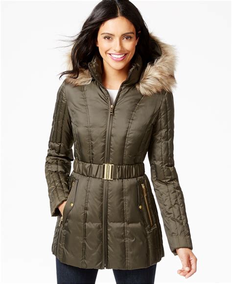 Inc International Concepts Faux Fur Trim Belted Puffer Coat Only At