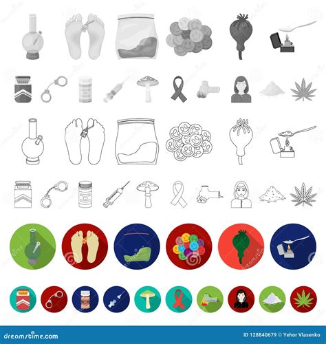 Drug Addiction And Attributes Flat Icons In Set Collection For Design