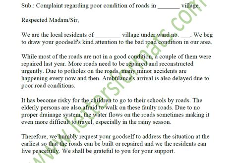 Letter To Municipal Commissioner About Bad Condition Of Roads