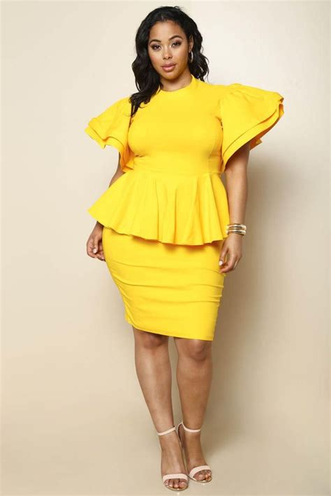 Yellow Party Ruffled Peplum Mini Plus Size Dress Fashion Clothes