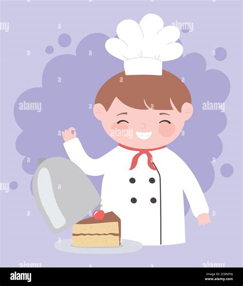 Koch Junge Mit Stück Kuchen In Gericht Cartoon Charakter Vektor