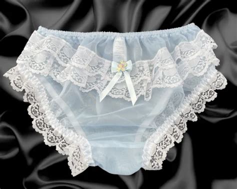 BABY BLUE FRILLY Sissy Sheer Soft Nylon Satin Bow Panties Knickers Size