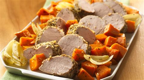 Fast cooking pork tenderloins come together with crisp bacon and temptingly tender sweet potatoes for one delicious dish. Italian Pork Tenderloin with Roasted Sweet Potatoes Recipe ...