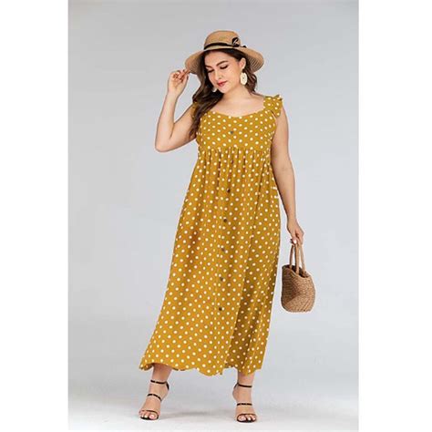 Mustard Yellow Polka Dot Long Summer Beach Plus Size Maxi Dress