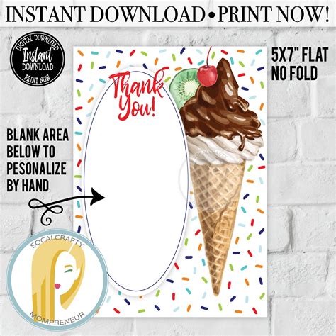 Printable Ice Cream Thank You Card Ice Cream Cone Thank You Etsy Ice Cream Birthday Party