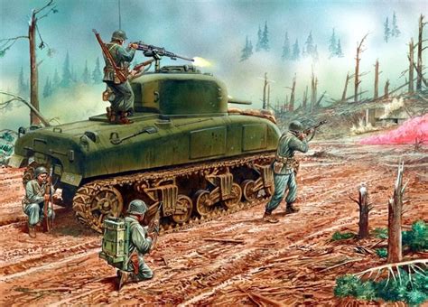 1944 Linha De Siegfried M4 Sherman Peter Dennis Combat Art