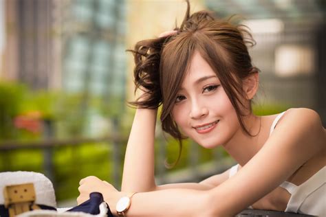 4k 5k Asian Brown Haired Smile Glance Hands Bokeh Hd Wallpaper