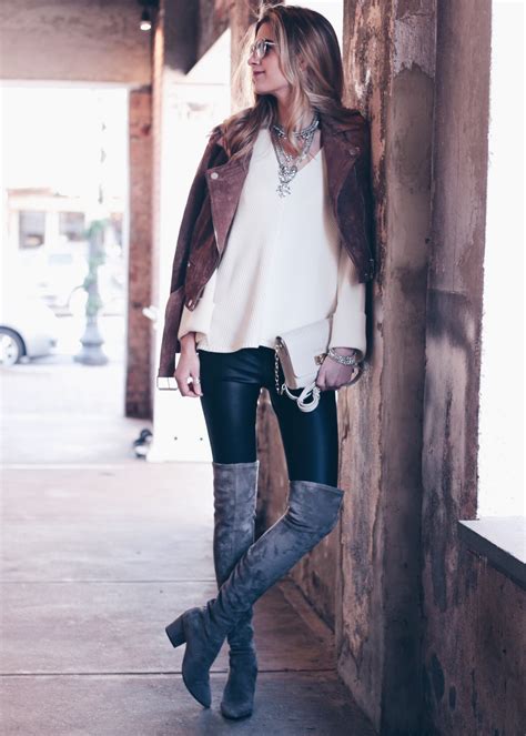 Winter Leggings Outfit Leather Leggings With Suede Moto Jacket And