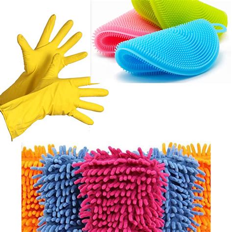 set of rubber gloves microfiber gloves and sllicon scrubber