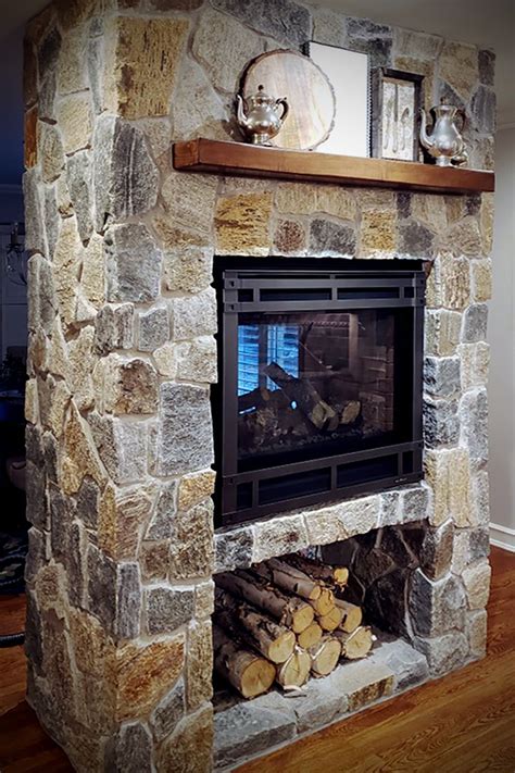 Fieldstone Fireplace Interior Stone Veneer Craftsman Wood Mantel