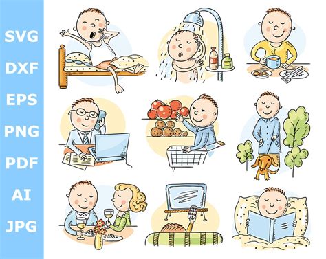 Daily Routine Clipart Cartoon Man Daily Activities People Etsy Uk
